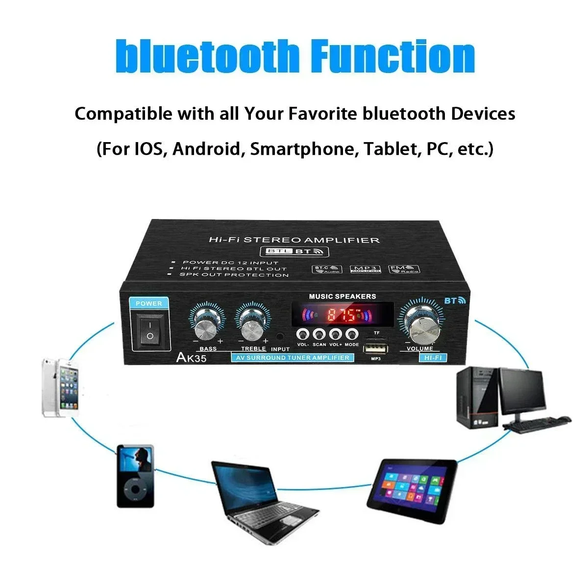 Bluetoothデジタルhifiアンプ,ak35サウンドアンプ,アンプサポート,mp3チャンネル2.0, 110v-240v,家庭,車,最大400w x 2