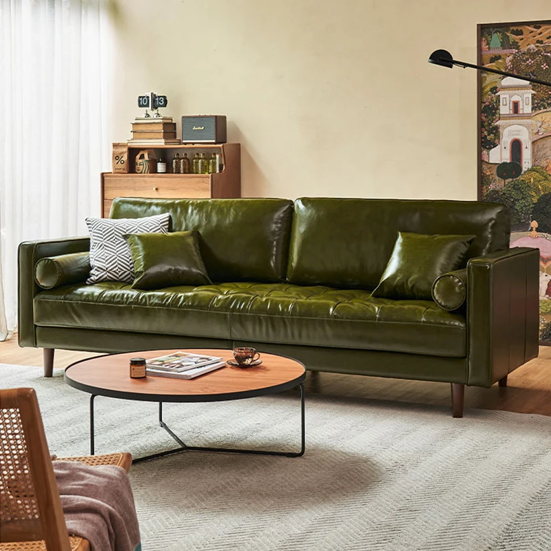 Dark green Design style retro oil wax leather sofa first layer cowhide living room small size Nordic American medieval art sofa