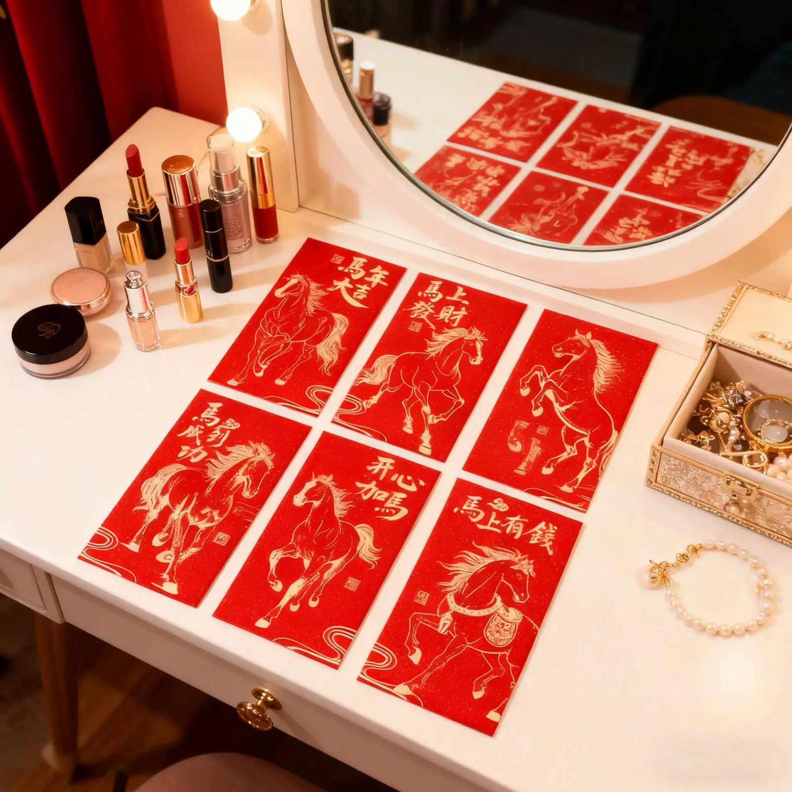 ซองอั่งเปาสีแดงปีม้า 6 ชิ้น ซองอั่งเปาเทศกาลฤดูใบไม้ผลิ ซองอั่งเปาสีแดงแบบจีน ปีม้า