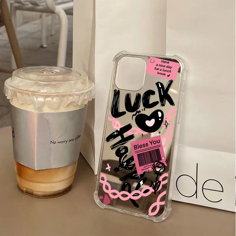 Funda de teléfono con patrón de amor de la suerte, carcasa de acrílico con espejo para iPhone 16, 11, 12, 13, 14, 15 Pro Max, XS, X, XR, 7, 8 Plus, SE2, a prueba de golpes