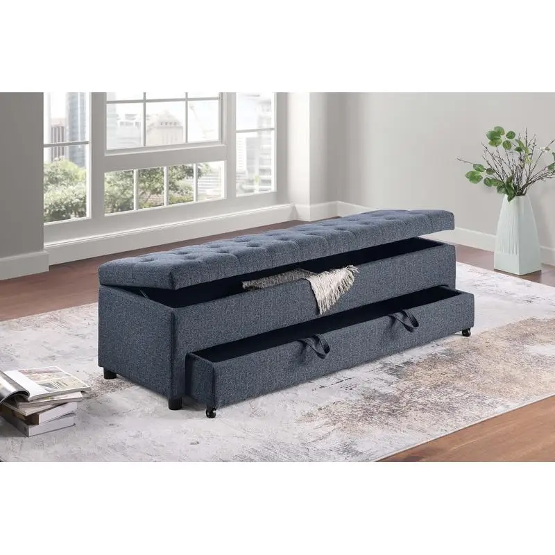 Contemporary Living Room Ottoman with Storage, Tufted Boucle Seat, Blue Gray, Includes Underseat Drawer