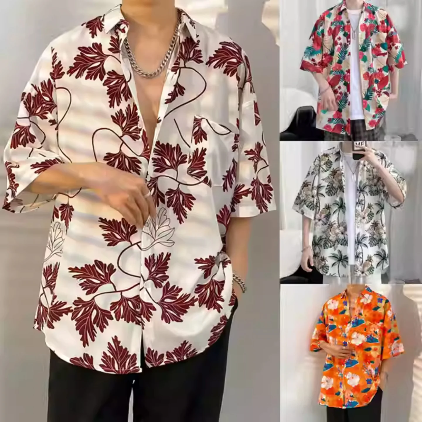 

Мужская рубашка Thai Sle Ice Silk Flower, летняя, гавайская, пляжная, тонкая, с коротким рукавом, парный комплект, новинка 2025 года, летняя модная куртка