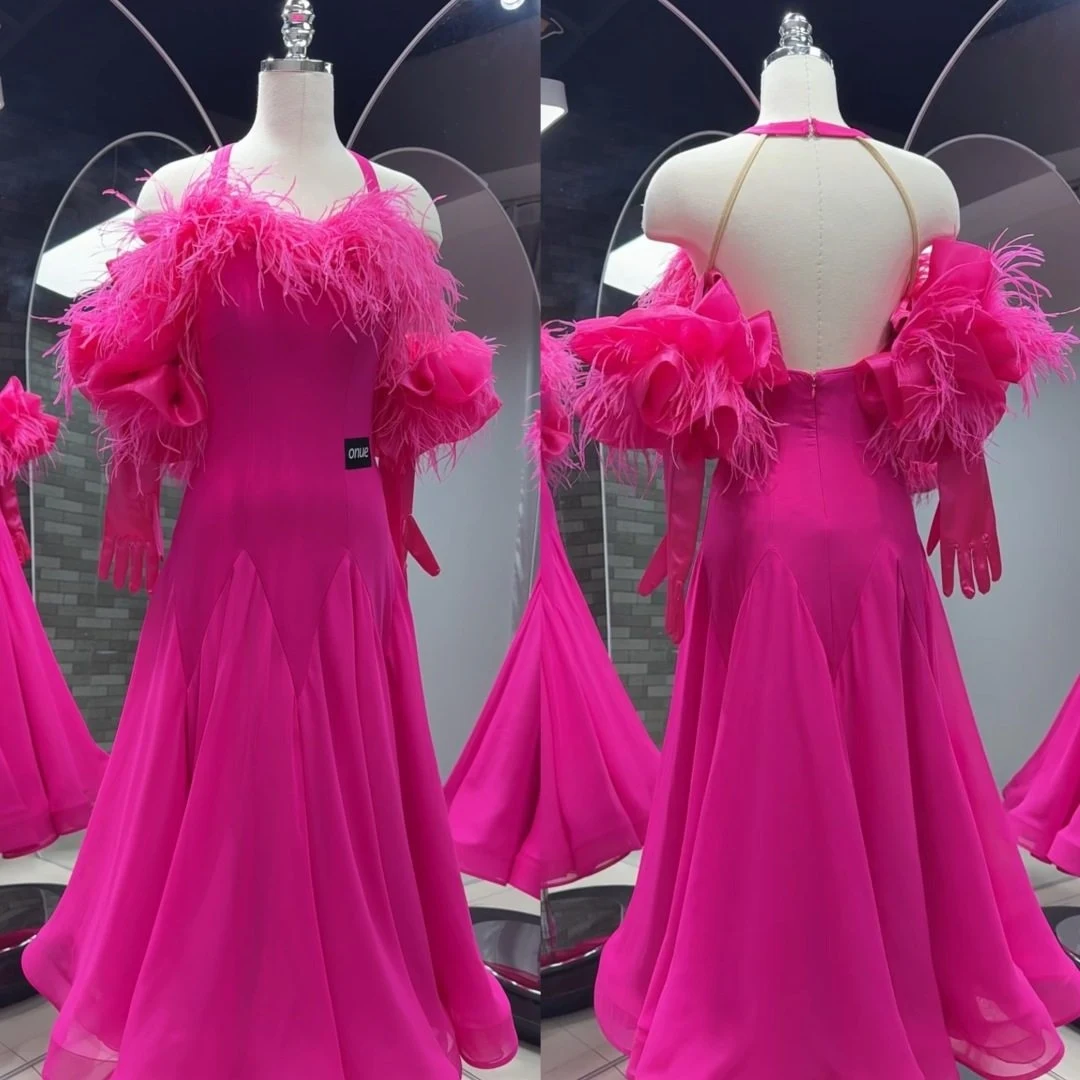 

2026 Waltz Dance Dress Women Rose Red Feather Dress Ballroom Dance Competition Clothing Halter Neck Backless Prom Dress BL18388