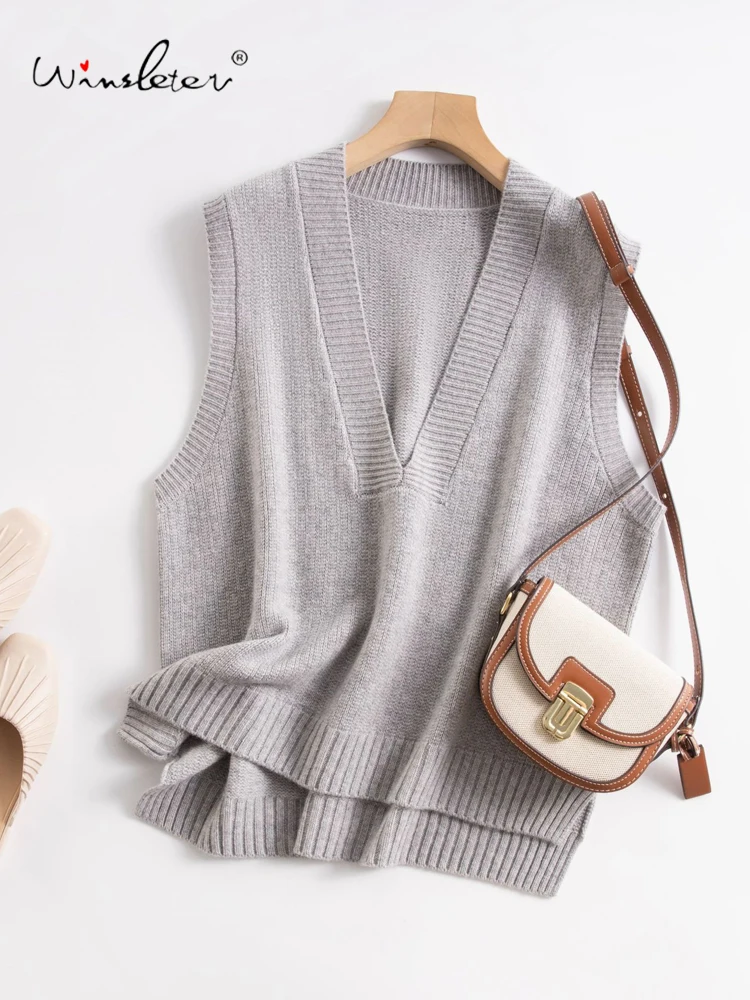 

Winsleter-100% Wool Elegant Vest Sweater, Deep V Neck Solid, Women Fashion Commute Loose Knit Vest, 2025 Autumn New T59439CC