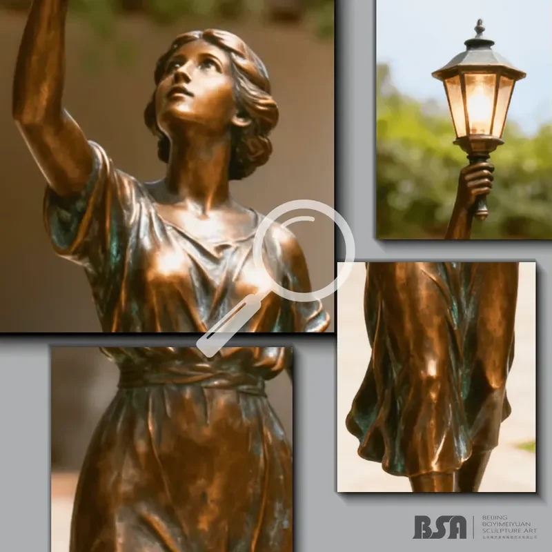 Custom High Quality Bronze-Cast Statues Life-Size Modern Design Metal Craft Sculptures Lamp-Holding for Outdoor Courtyards