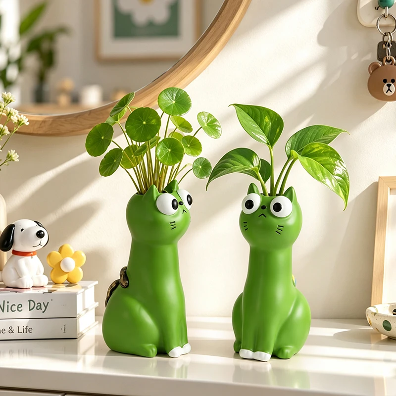 New Resin ABS Hydroponic Vase Cute Big Eye Green Cat Figurine Water Flower Pot Desktop Window Sill Balcony Home Decor Gift
