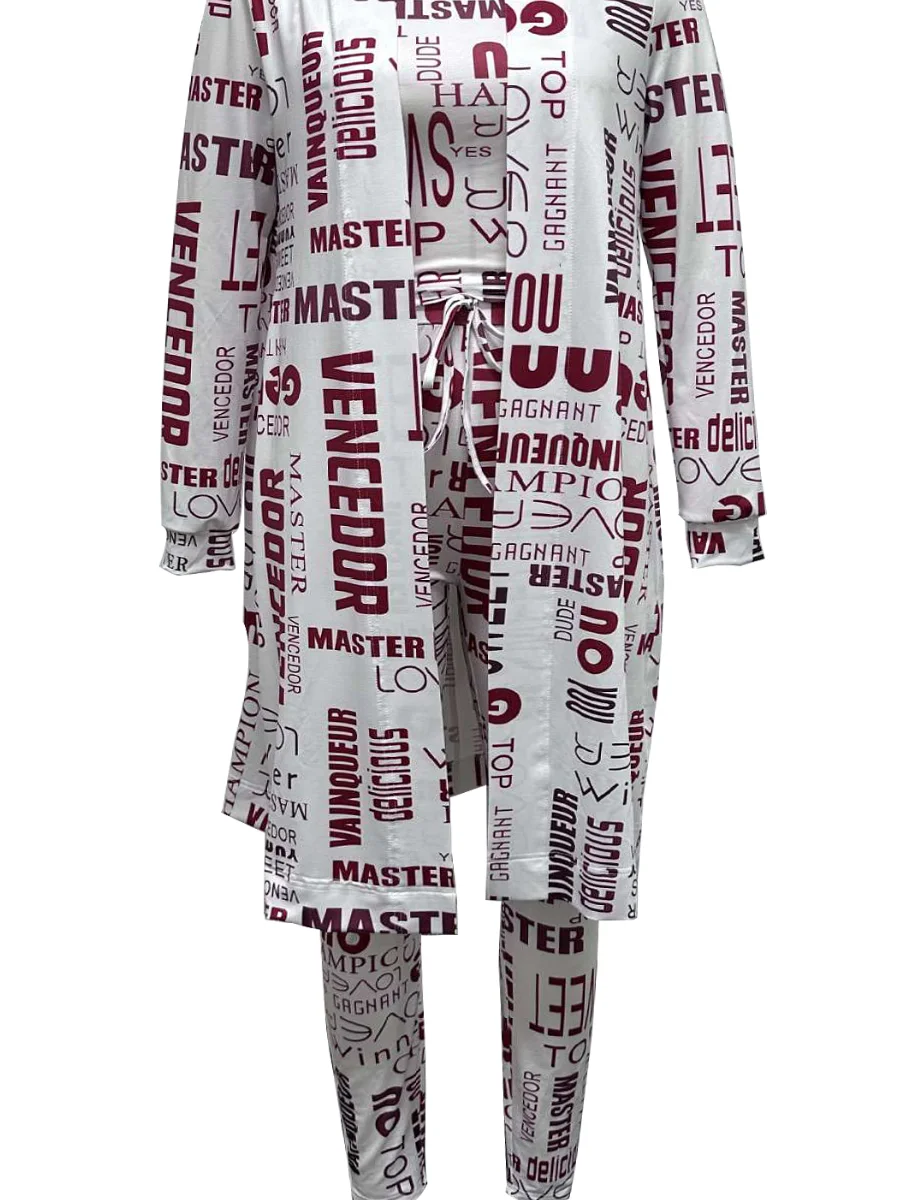 LW Plus Size set Cami Letter Print Drawstring Three Piece Pants Set Autumn Winter Women Set Long Coat & Cami &skinny pant set