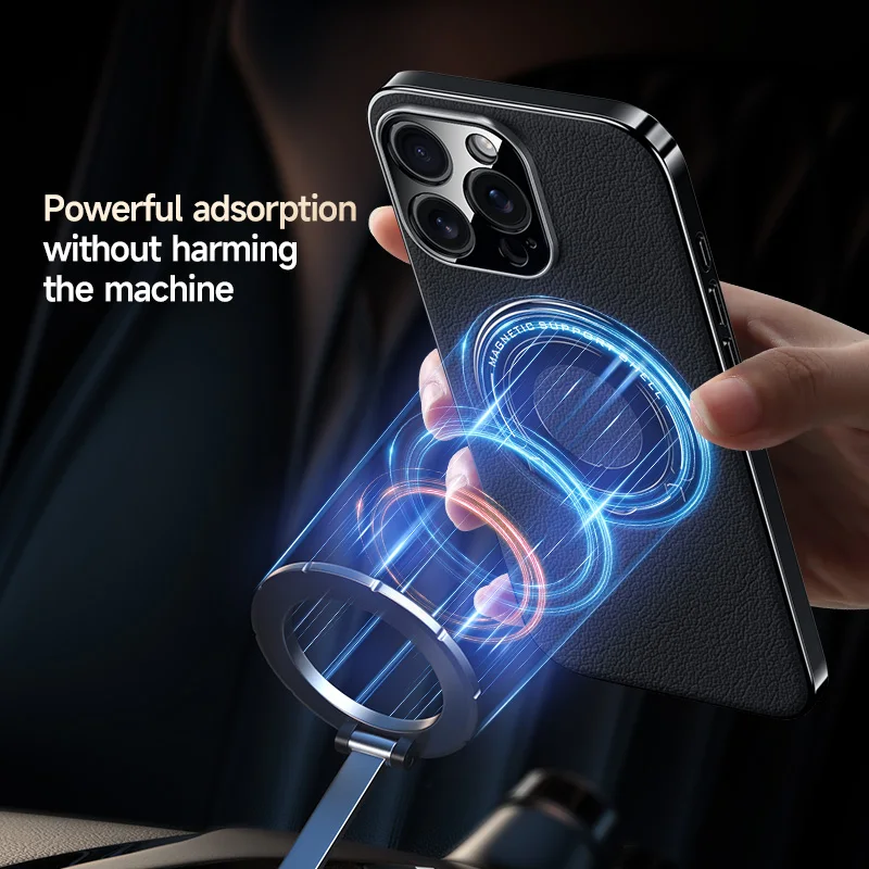 Capa de telefone de couro magnético com suporte para iphone 16 pro max 15 14 13 suporte de telefone para magsafe carga sem fio capa dura