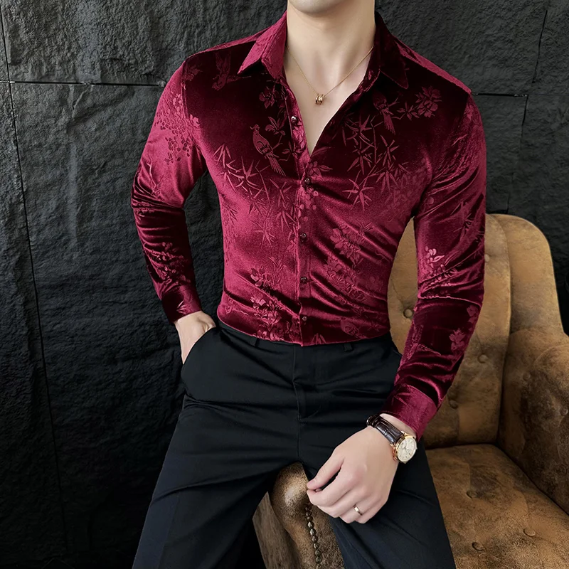 Camisa de terciopelo de lujo Para Hombre, Camisas de vestir informales ajustadas, blusa de esmoquin Para fiesta Social, ropa de primavera, 2024