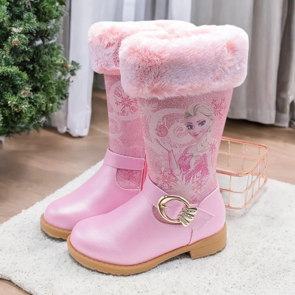 

Disney Girls' Leather Boots Winter Cartoon Frozen Boots Zipper High Plush Princess Elsa Boots Warm Children's Boots Size 25-36