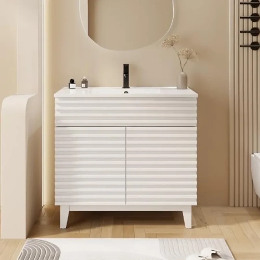 36 Bathroom Vanity with Sink Combo: Mid-Century Freestanding Wood-Striped Cabinet, Adjustable Shelf, Undermount White Single Si