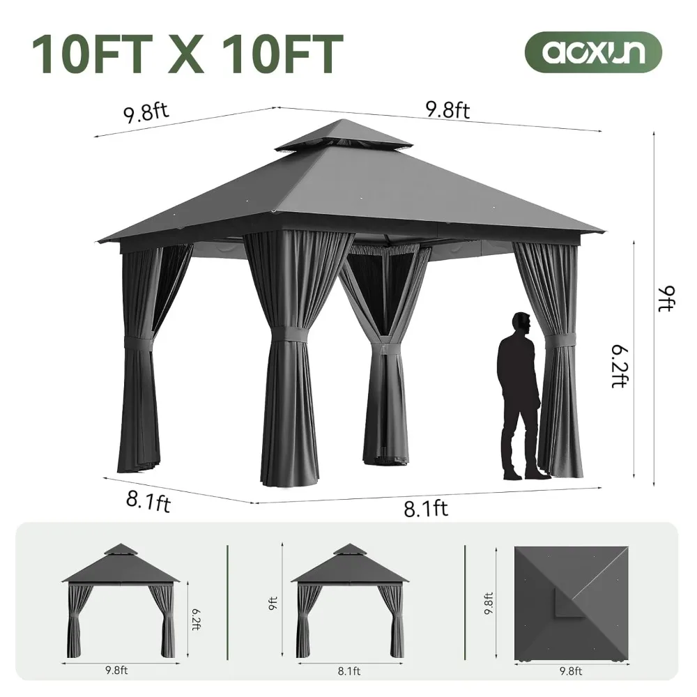 10x10 Outdoor Gazebo, Metal Frame Canopy Gazebo Double Roof Heavy Duty Backyard Gazebo with Mosquito, Customized