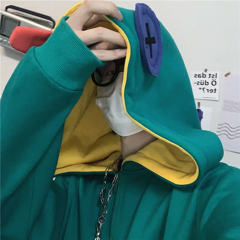 Korean-style frog hoodies y2k fried street hooded wild fighting half-zip plush pullover loose green coat kawaii clothes