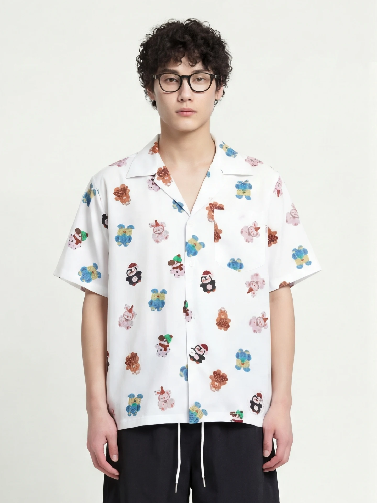 

Loose Cuban Collar ort Sve irt from Bear Print Casual Faion Breathable Polyester for Youth Daily Wear Spring Au...