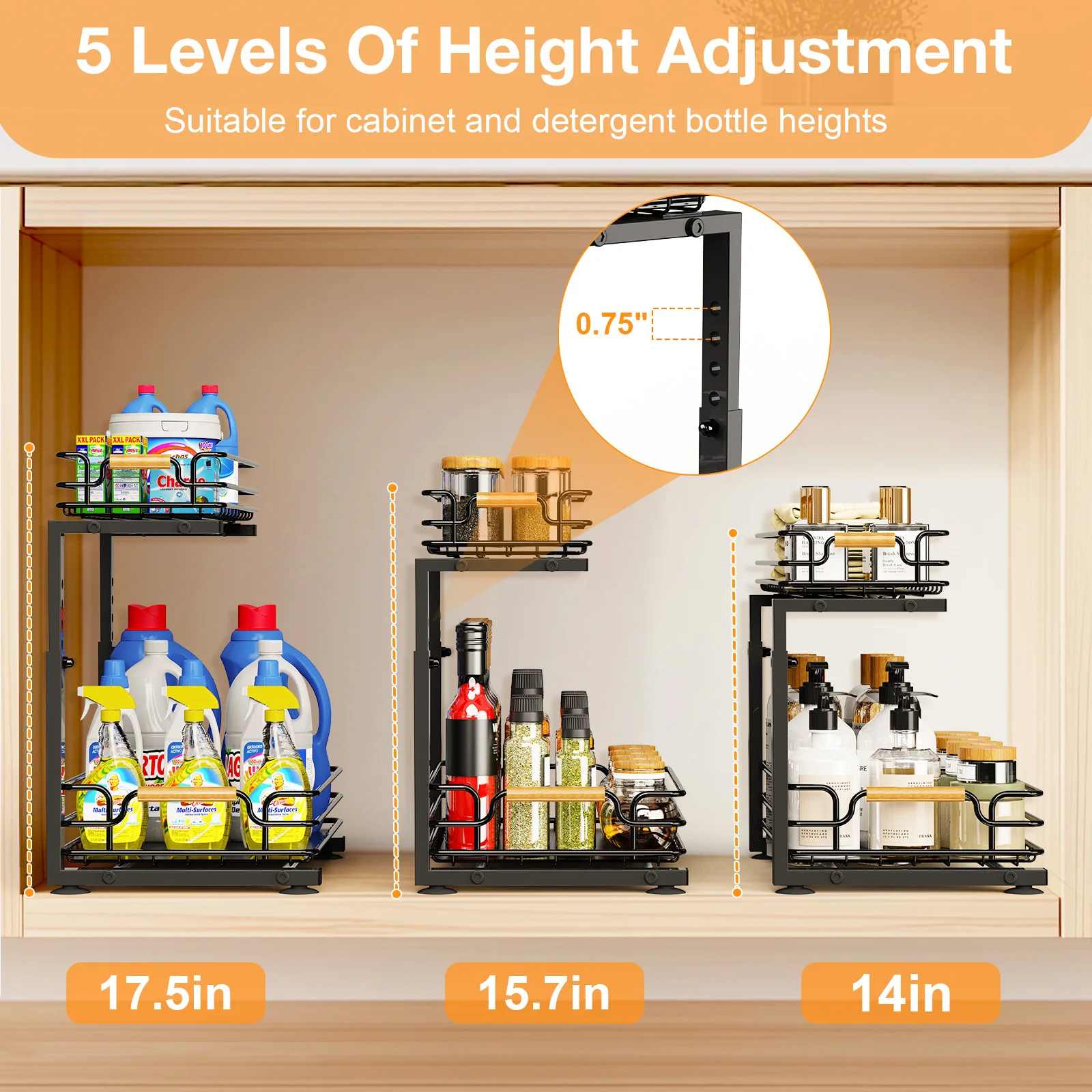 2 Tier Sliding Under Sink Organizer Height Adjustable Pull Out Cabinet Organizer Multi-purpose Storage Rack For Kitchen Bathroom