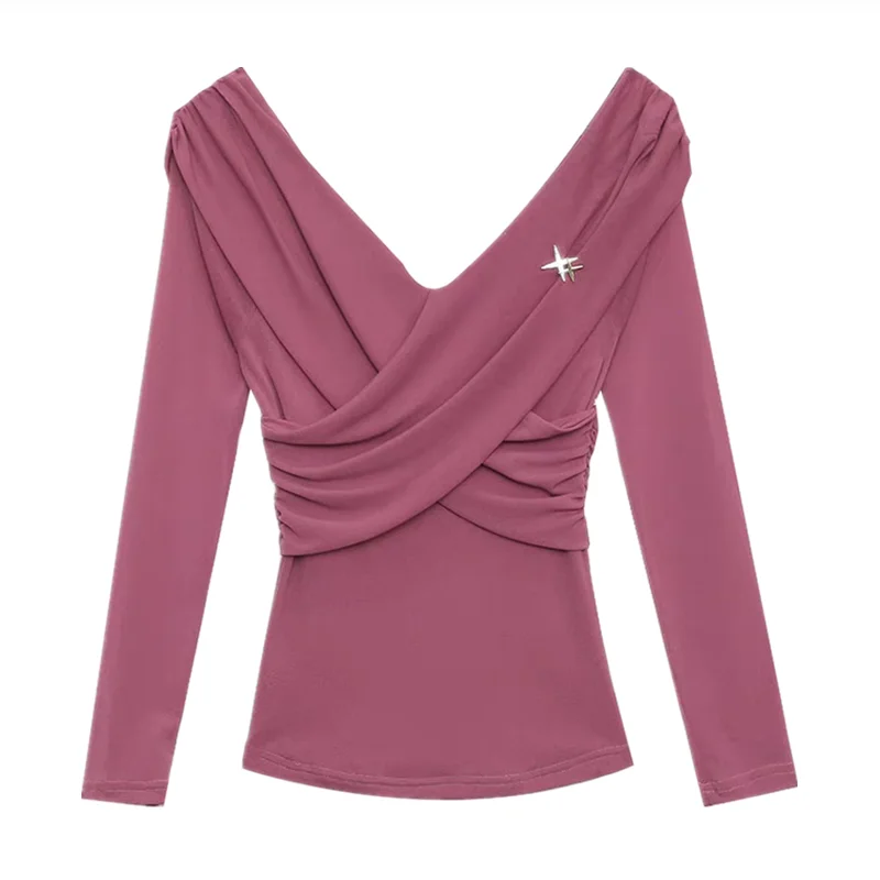 

New Arrivals Spring Sweet Girl Sexy V-neck Off Shoulder T-shirt Chic Cross Design Slim Tops Women Long Sleeve Elastic Mesh Tees