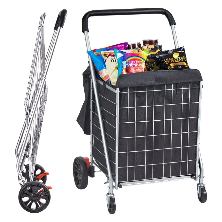 

Folding Shopping Cart 200 lbs Max Load Capacity Grocery Utility Cart with Rolling Swivel Wheels and Bag Heavy Duty Foldable La