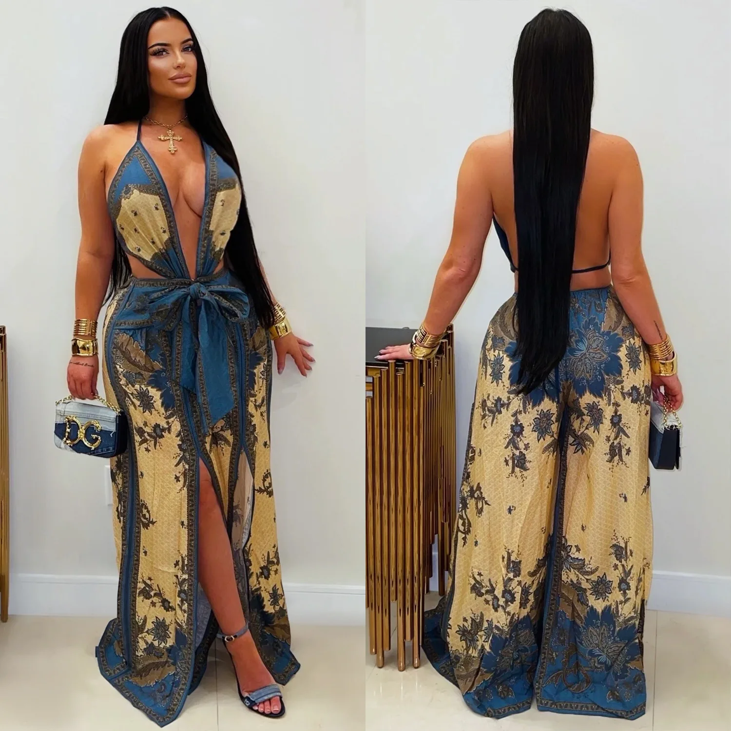 Spicy Girl 2026 Retro Print High Waist Belted Open Split Wide Leg Jumpsuit Women's Fashion Summer Long Pants Polyester