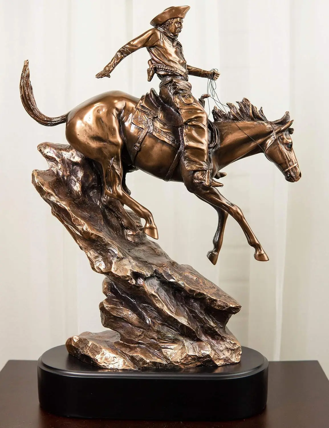 Ebros Wild West Cowboy Desert Bandit On Stallion Horse Racing Down Steep Rocky Slope Statue in Bronze Electroplated Resin Finish