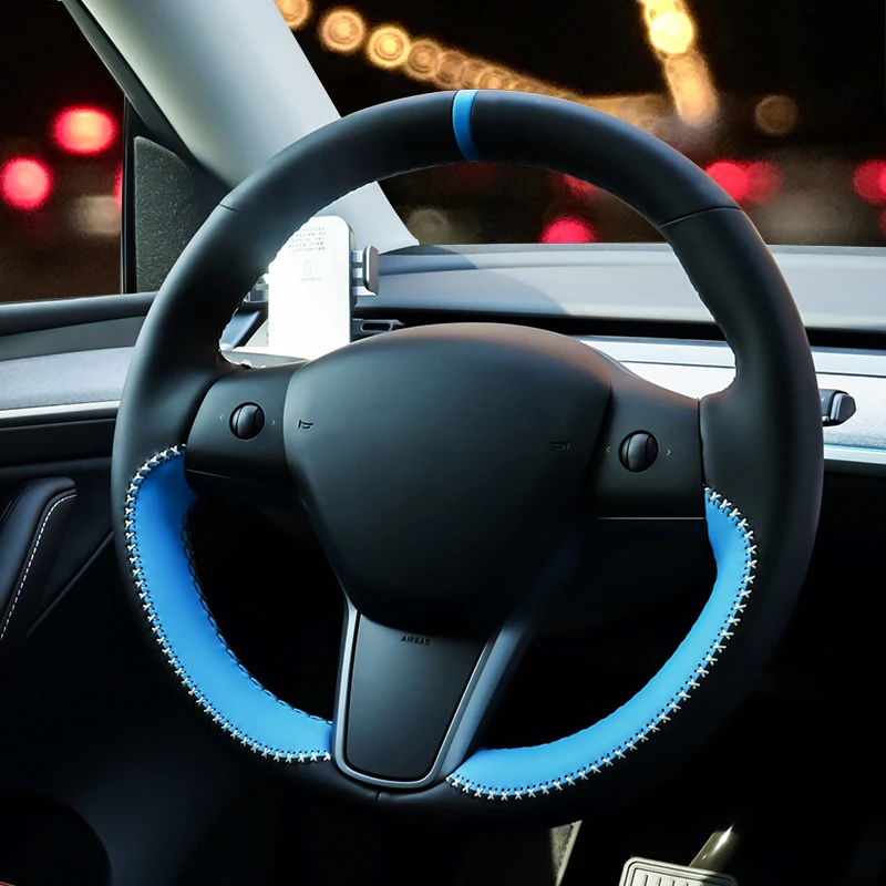 

Custom New Sewing Car Braid On The Steering Wheel Cover for Tesla Model 3 Model Y 2020-2021 Auto Accessories Car-styling