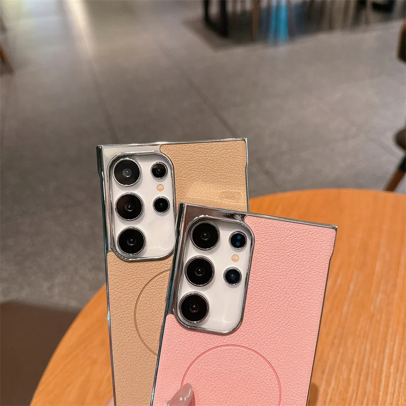 Para Samsung Galaxy S24 S25 Ultra Plus revestimiento de lujo sin marco magnético para Magsafe funda de teléfono dura de cuero de PC cubierta a prueba de golpes