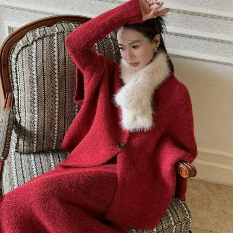 

Осенний модный комплект из двух предметов: элегантное трикотажное пальто и длинное платье для женщин в стиле корейской светской львицы