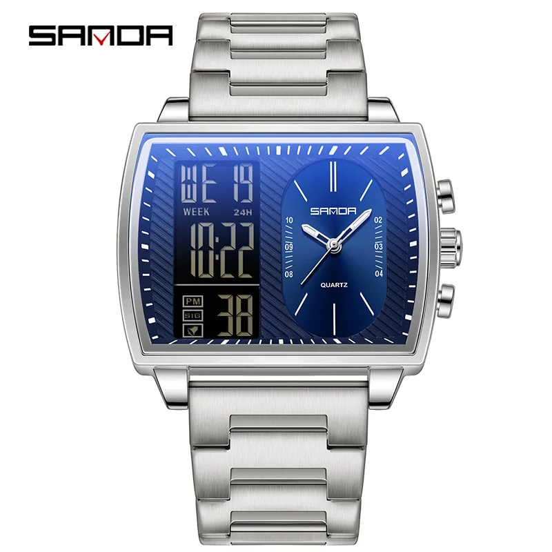 SANDA 6238 Мужские кварцевые часы Модный тренд Ремешок из нержавеющей стали Многофункциональные часы с двойным дисплеем