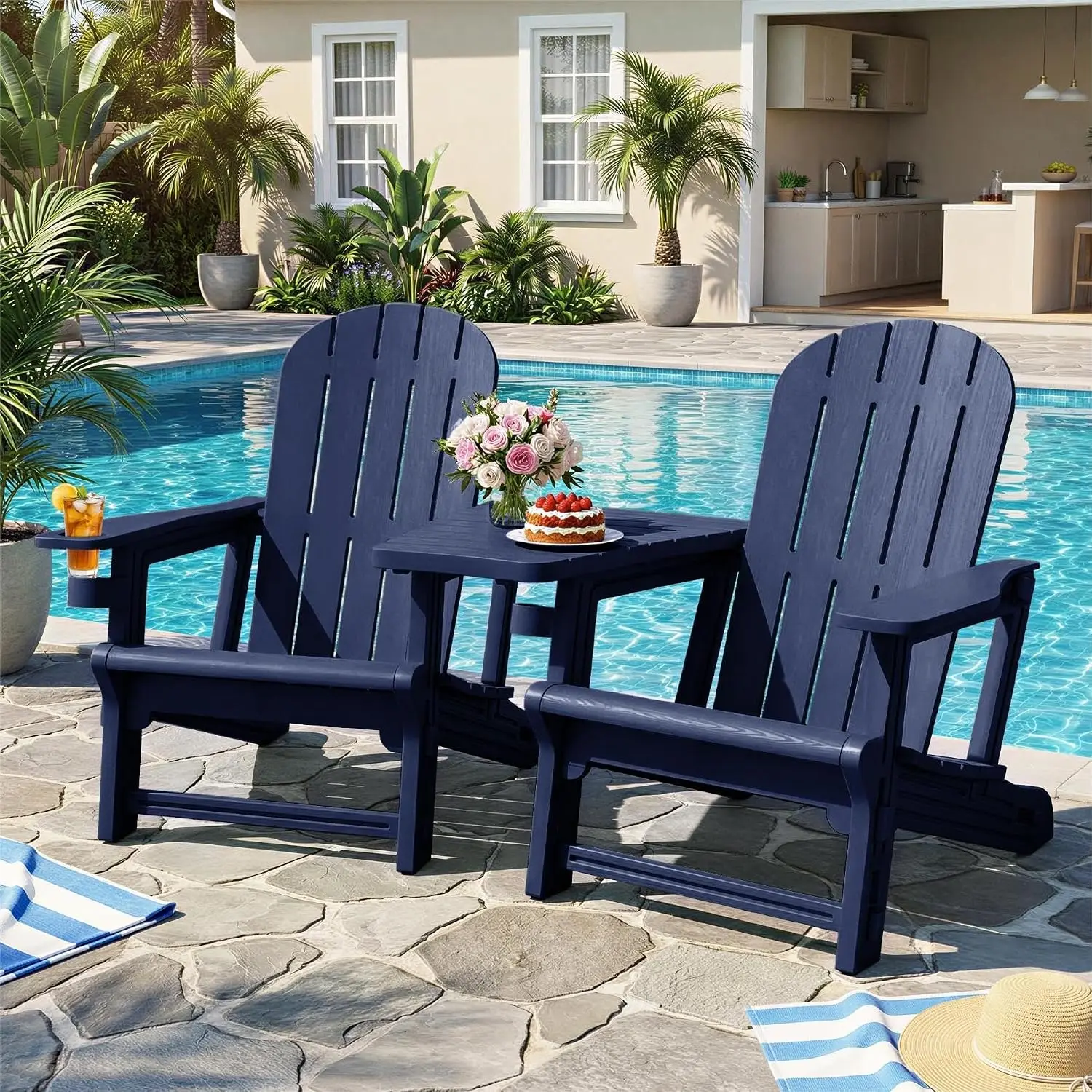 All-Weather HDPE Adirondack Chair Set of 2 with Detachable Table, Wood Texture & Cup Holder for Outdoor, Customized