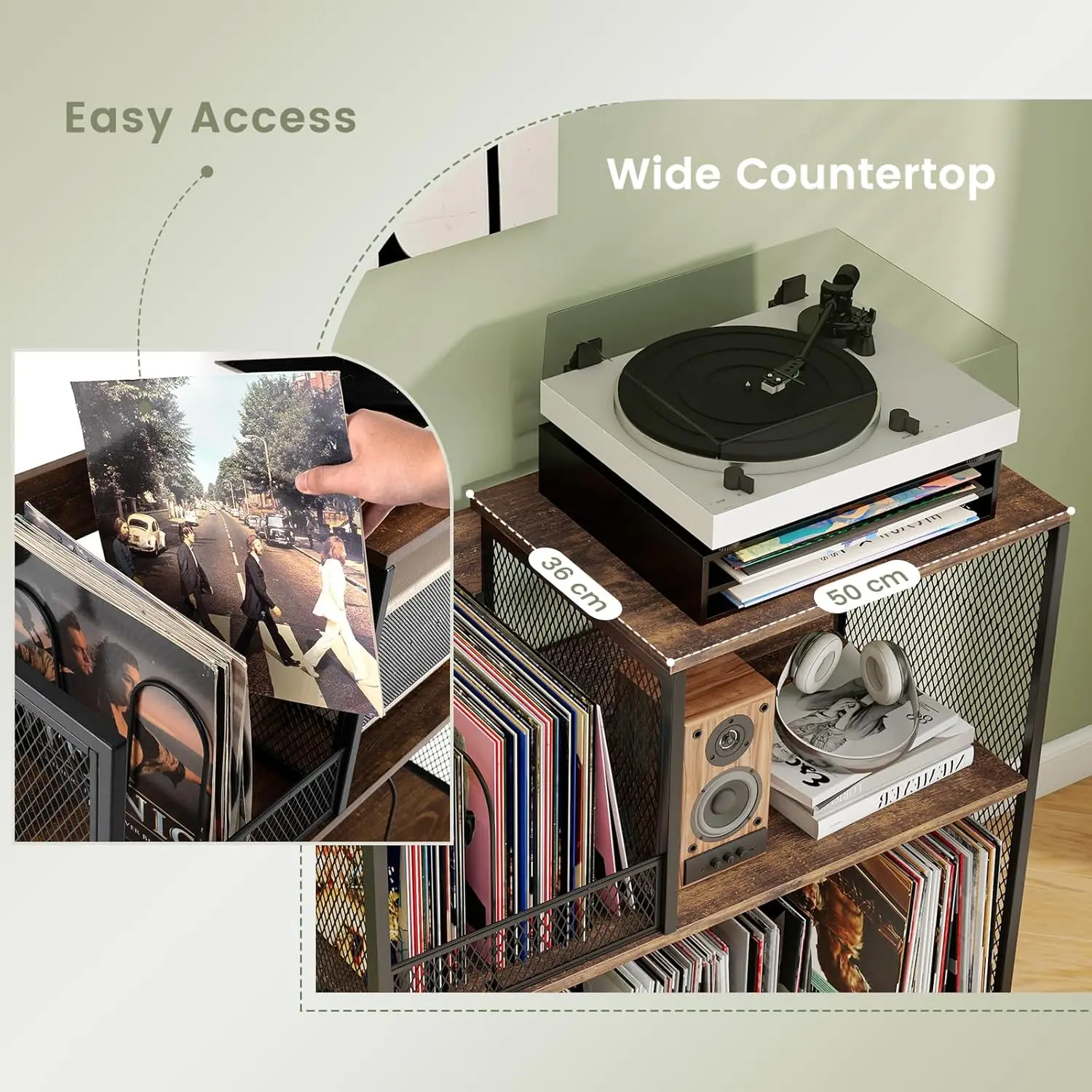 Il supporto per giradischi a 3 livelli può contenere fino a 300 album, tavolino girevole con 3 divisori rimovibili e struttura in metallo, display in vinile