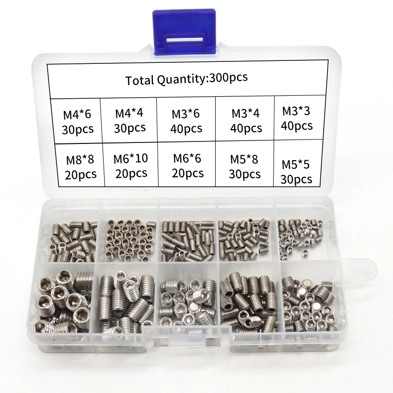 Retailing In Stock 300pcs/Box Stainless Steel DIN916 Flat End Socket Head Hex Set Screws Kits M3 M4 M5 M6 M8 Grub Screws Set