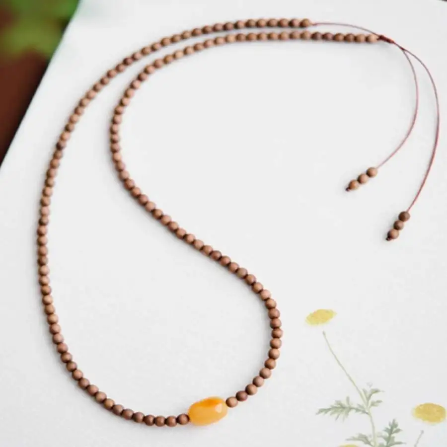 Handmade Genuine Sandalwood Beaded Necklace with Beeswax Amber Spacer Ethnic Jewelry Gift for Him