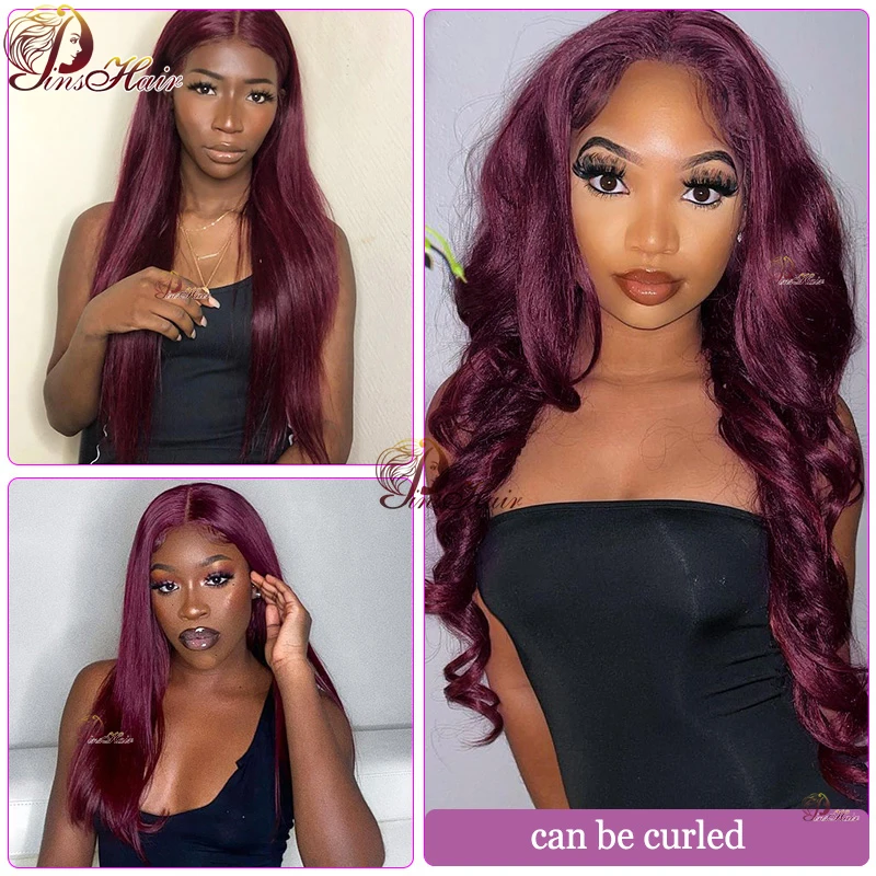 Burgundowe proste koronkowe peruki z ludzkich włosów Pre Plucked 13x4 Transparent Lace Frontal Wig 99J Cherry Red Remy Human Hair 180%