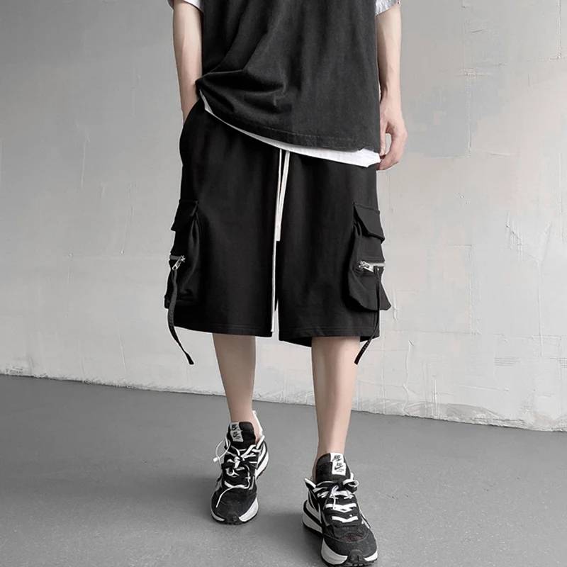 Mens Black Streetwear Cargo Shorts Loose Ribbons Japanese Fashion Streetwear Hip Hop Short Pants