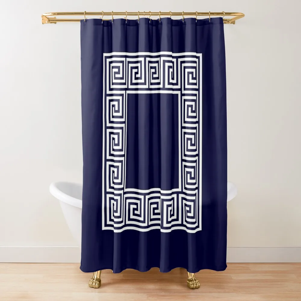 Navy Blue Greek Key Meander Square Shower Curtain Luxury Bathroom For Shower Curtain