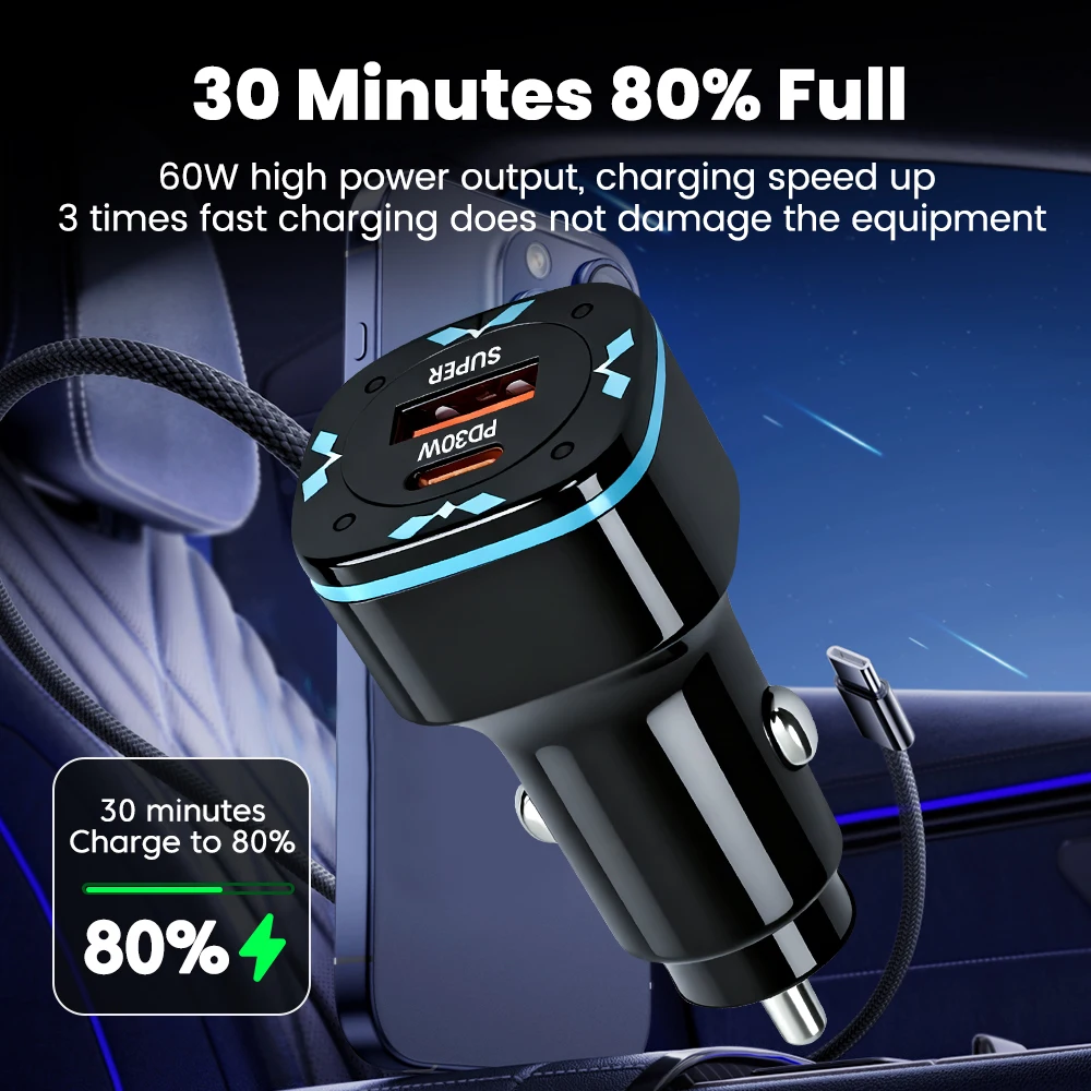 30W PD Quick Charging  Car Charger USB Type-c Mobile Phone Super Fast Charging Adapter For IPhone16 15 Samsung Xiaomi Huawei