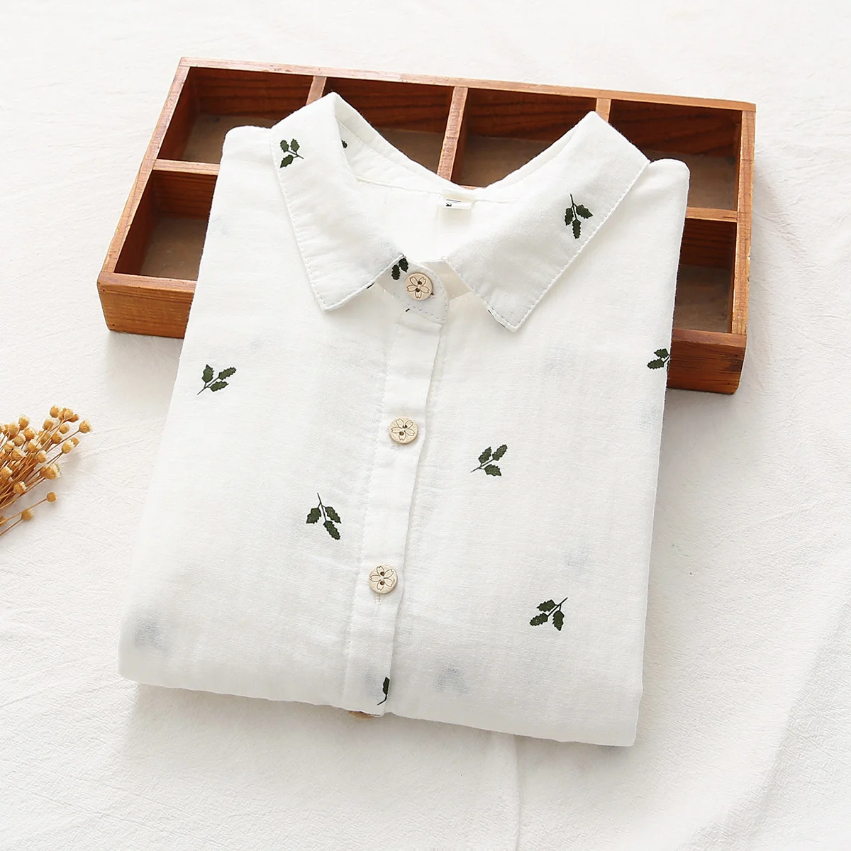 Women 100% Cotton Yarn Blouse Mori Girl Japan Style Long Sleeve White Leaves Print Lady Tops Casual Female Clothes White Top