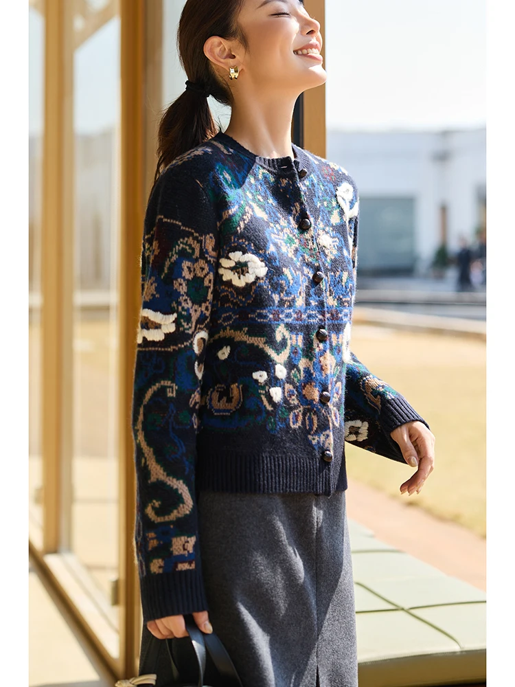 

Ningxia jian Artistic Floral Embroidery Wool Camere Open Cardigan round Ne Sweater Double Knit Fabric Women's Faion
