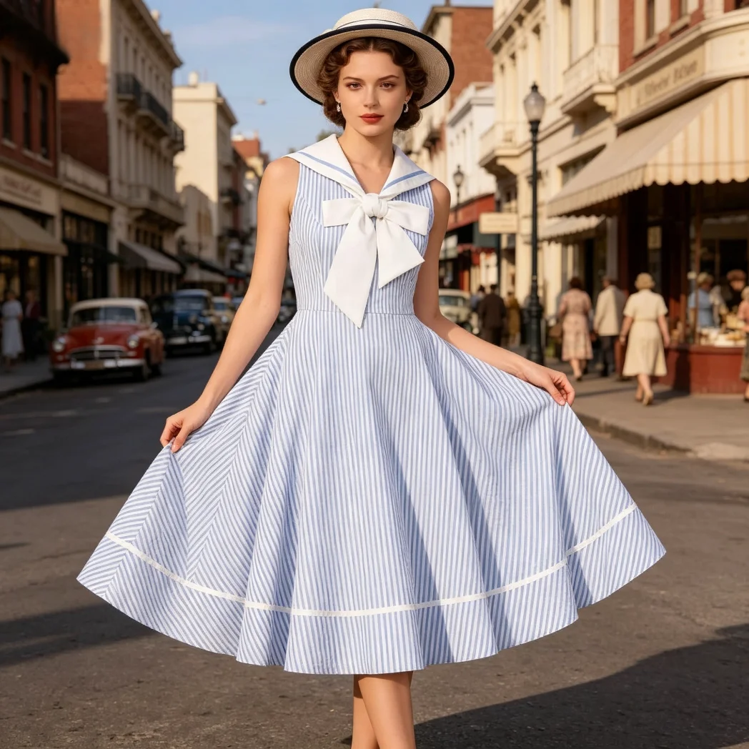 

Preppy Style Sailor Collar White Blue Striped Sleeveless Midi Dress 2026 Summer Women Bow Tie Pinup Vintage 1950s Swing Dresses
