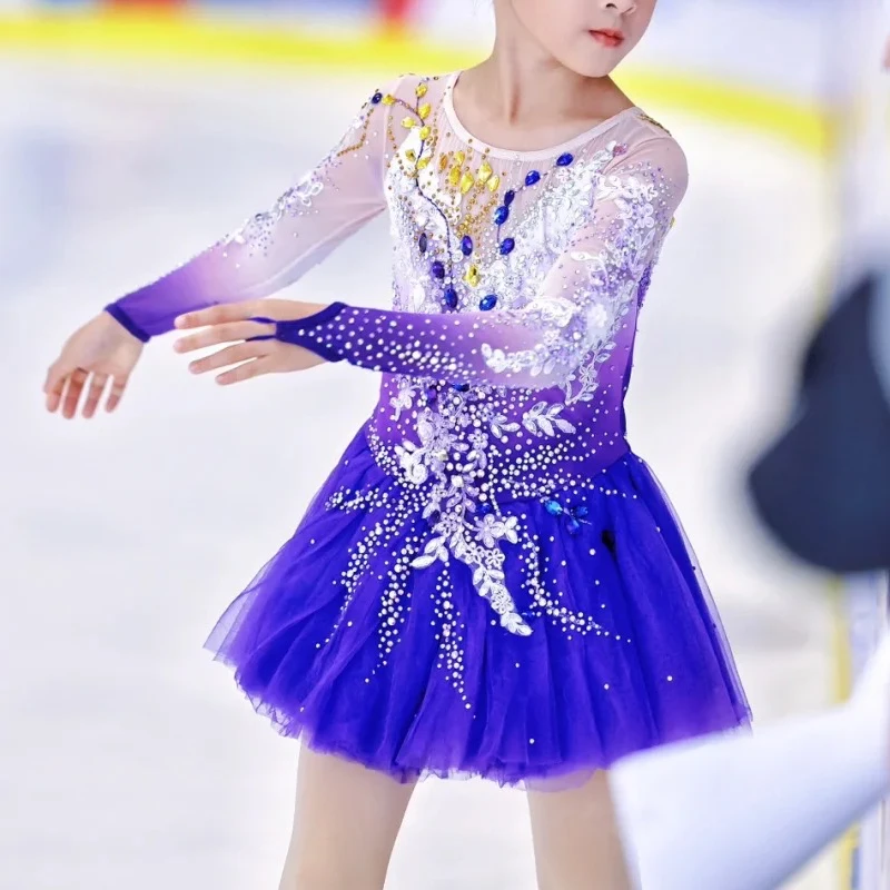 Disfraz de patinaje artístico para mujer, traje de actuación, personalizado, azul, nuevo