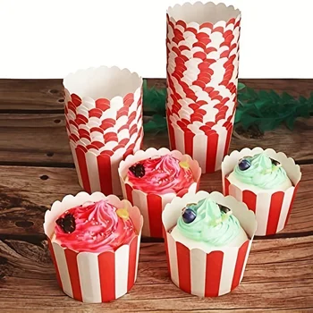 50pcs Elegant Red Stripe Paper Muffin Liners - Christmas Themed Cupcake Baking Cups for…
