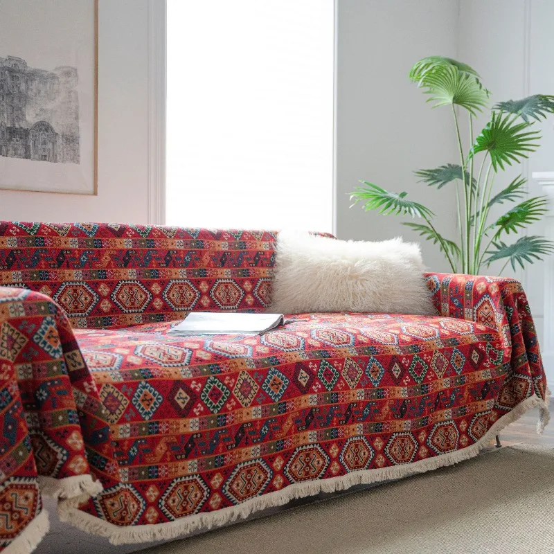 Boho Retro Sofa Cover Cotton and Linen Cloth Anti-Slip and Anti-Dirty All-Season Scratch-Proof One-Piece Sofa Covers Blanket