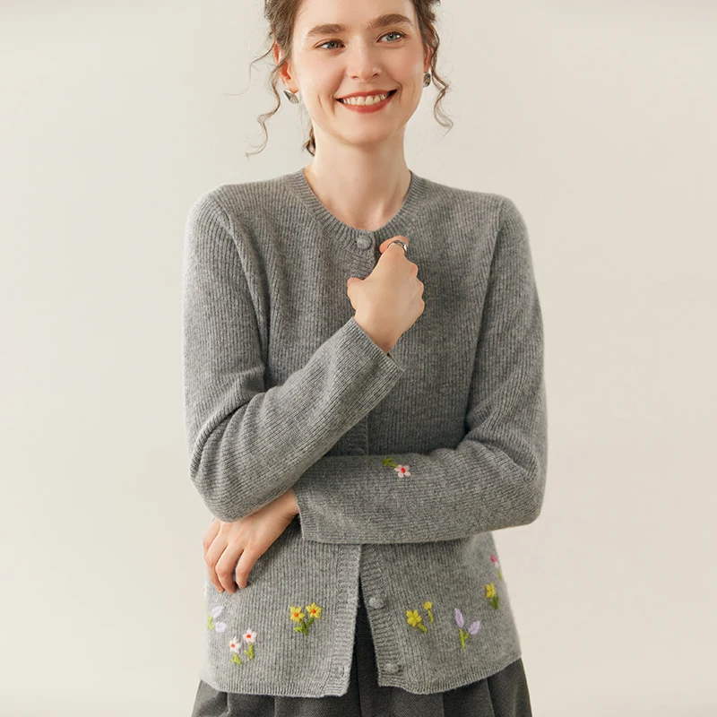 2025 Chic Woman 100% Cashmere  Cardigan Soft Warm Knitwear O-Neck Sweater Hand-embroidered Flowers Autumn Winter Office Lady Top