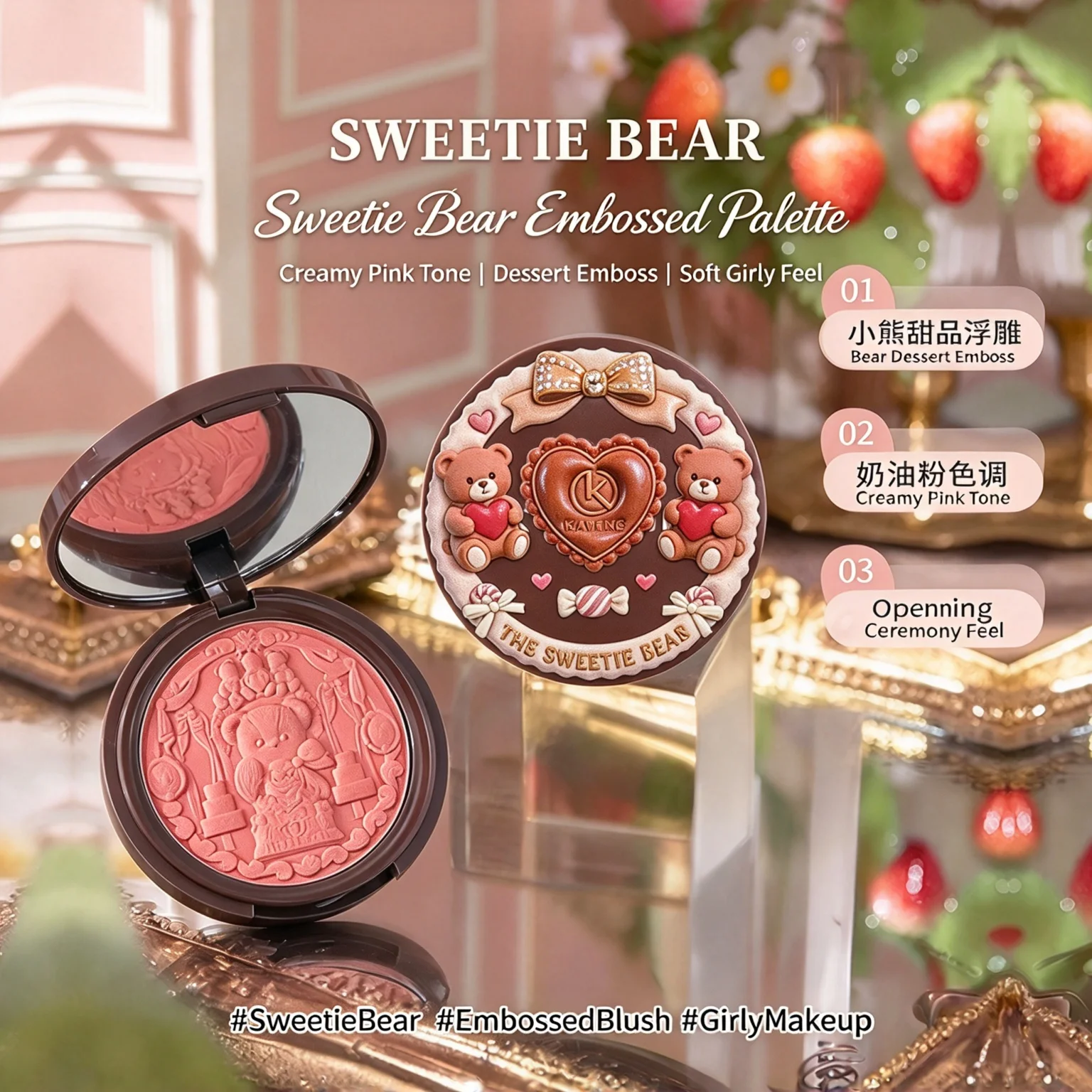 Single Sweetheart Blush Volumizing Contouring Natural Flattering Long Lasting Daily Vitality Cute Bear Design  Silky Powder
