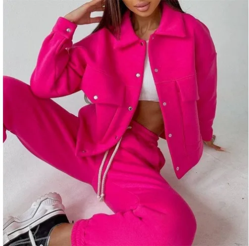 Women Two Pieces Pant Sets Single Breasted Jacket Solid Coat Drawstring Pants Suit Thick Warm Jackets Casual Lady Regular