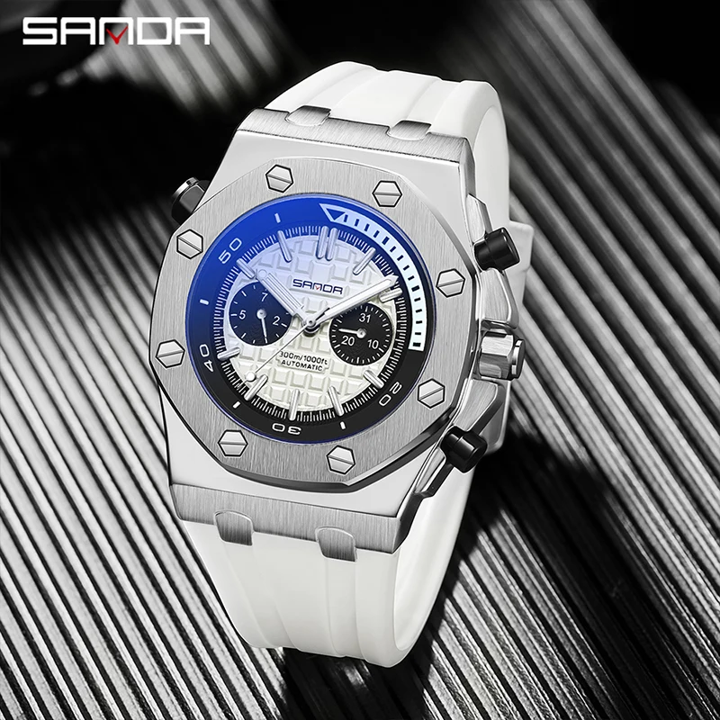 SANDA-Relógio automático casual masculino, mecânico, luminoso, impermeável, relógio, branco, pulseira de silicone, moda, novo