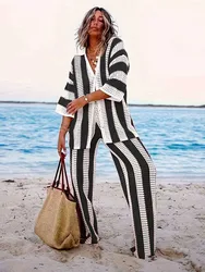 Summer Outfits for Women Vacation Hollow Out Sweater Shirt and Trouser Lady Casual Sexy Plus Size Sets 2 Piece Pants Sets Wide