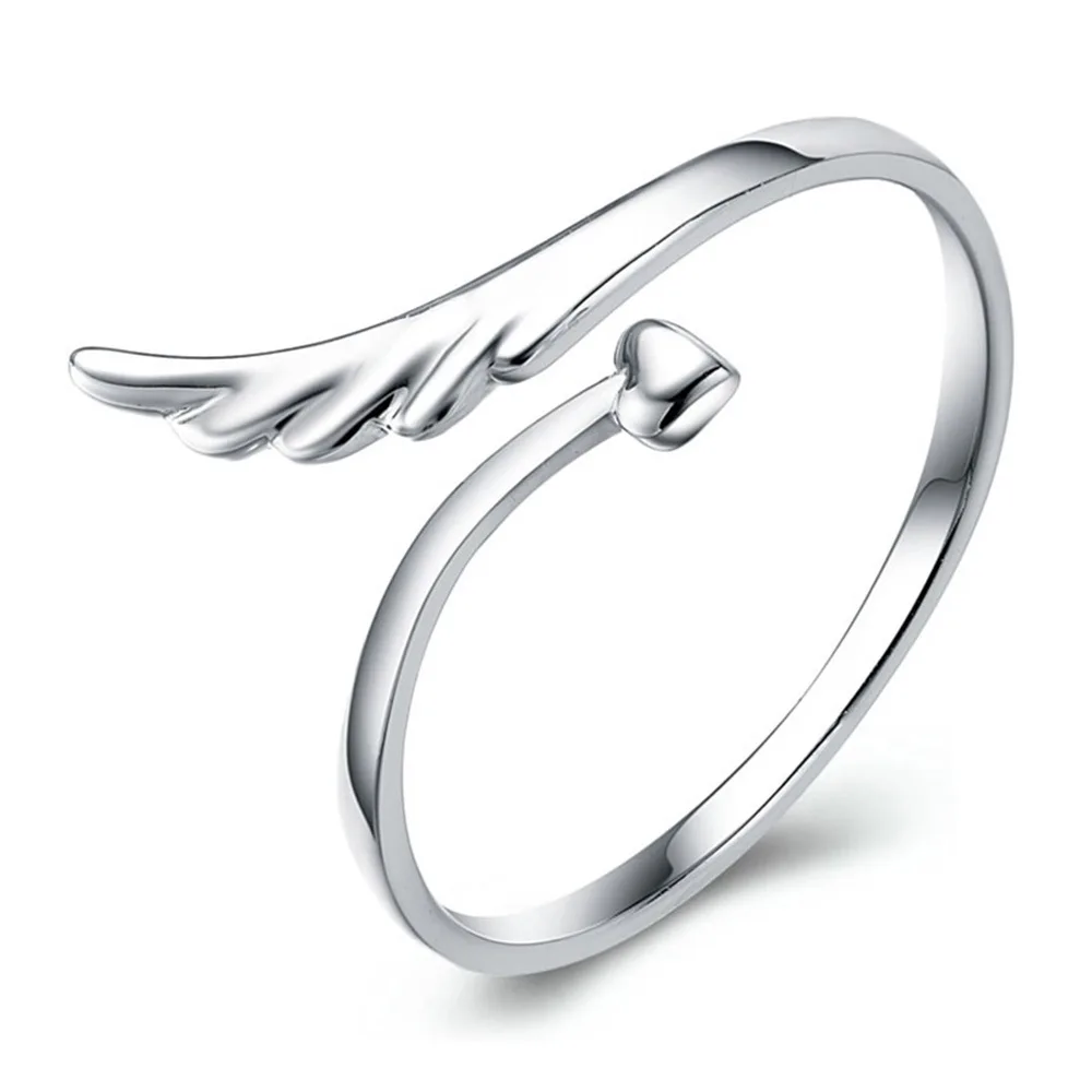 

925 Sterling Silver Ring Angel's Wings Heart-shaped Opening Ring Ladies Stylish Minimalist Birthday Party Wedding Jewelry Gift