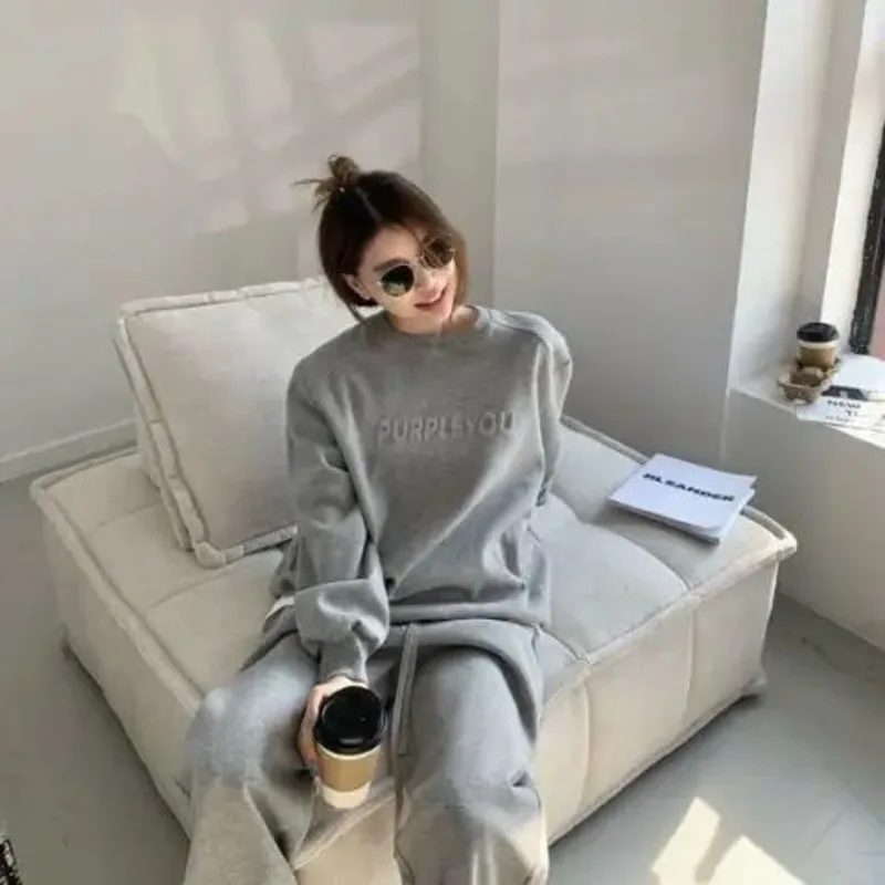 Women\'s Purple Sports Suit Spring And Autumn 2025 New Casual Fashion Style Loose Long Sleeve Sweater Tops Pants 2 Two Piece Set