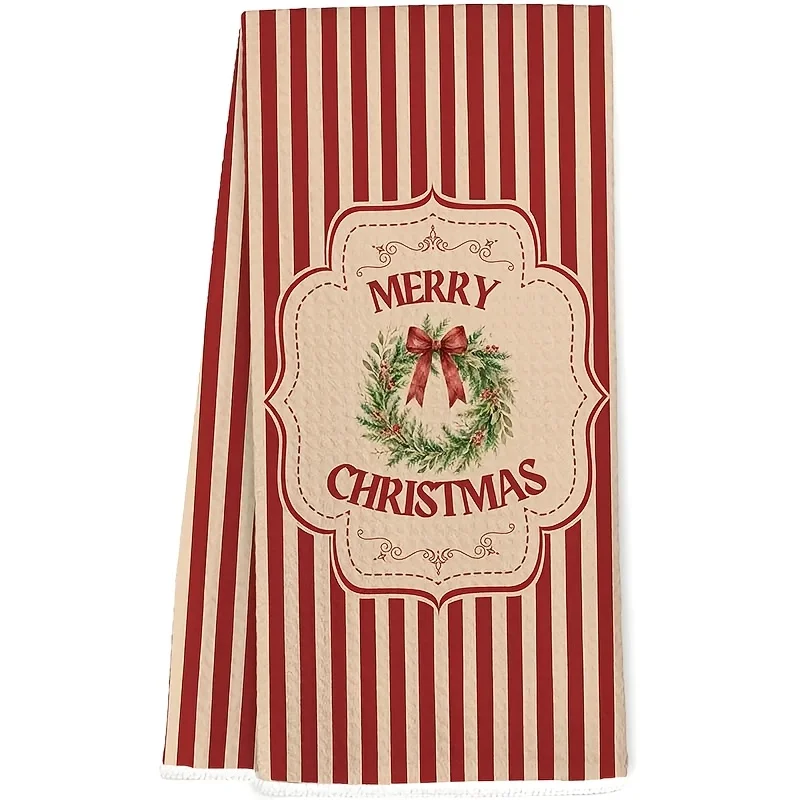 1Pc Merry Christmas Red Striped Kitchen Towel, Vintage Winter Christmas Wreath Striped Hand Towel, Neighbor Gift