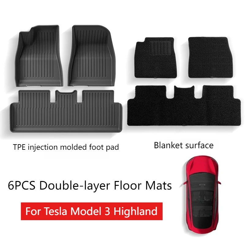 

6PCS Floor Mats for Tesla Model 3 Highland 2024 2025-Up Double-layer Foot Pads TPE Waterproof Wear-resistant Car Accessories